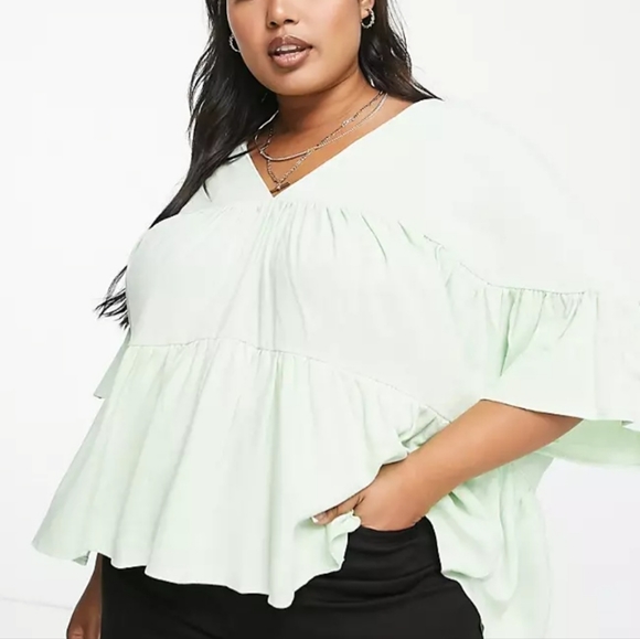 ASOS DESIGN Curve tiered smock top with frill sleeve in apple - Picture 4 of 6